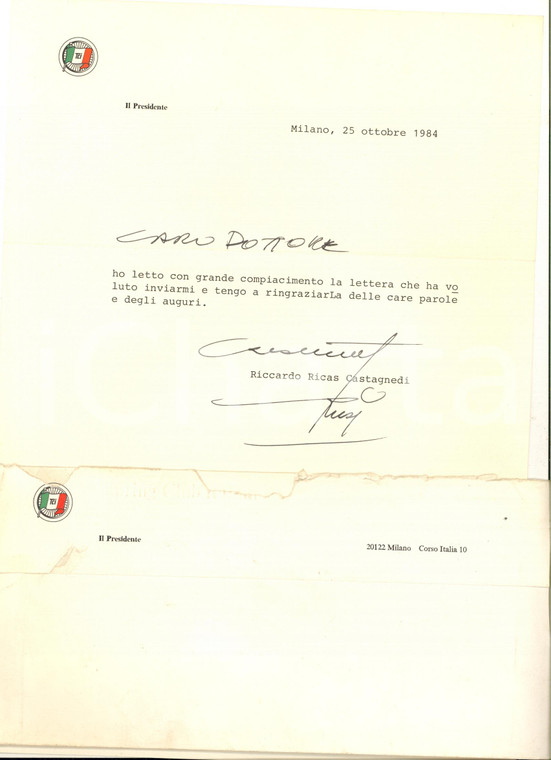 1984 MILANO TOURING CLUB - Lettera Riccardo RICAS CASTAGNEDI - Autografo