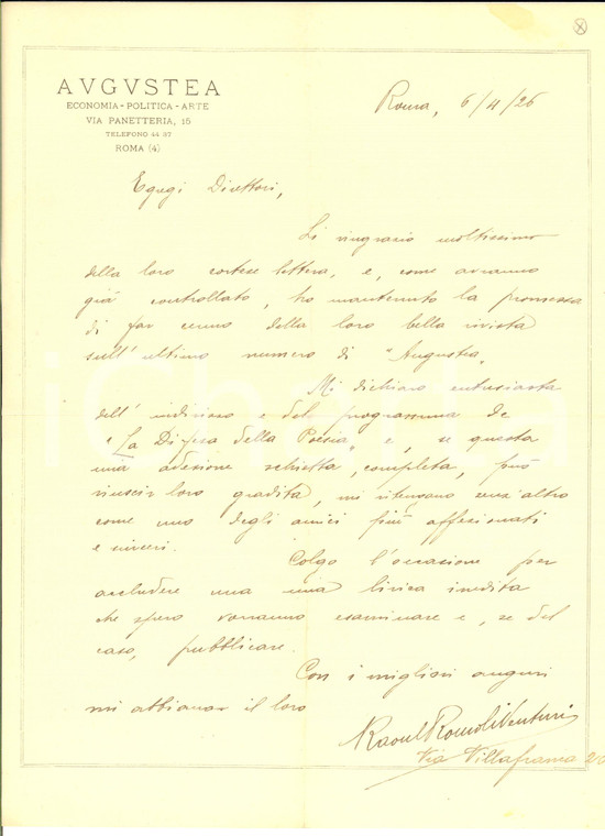 1926 ROMA Lettera Raoul ROMOLI VENTURI per "La Difesa della Poesia" - AUTOGRAFO