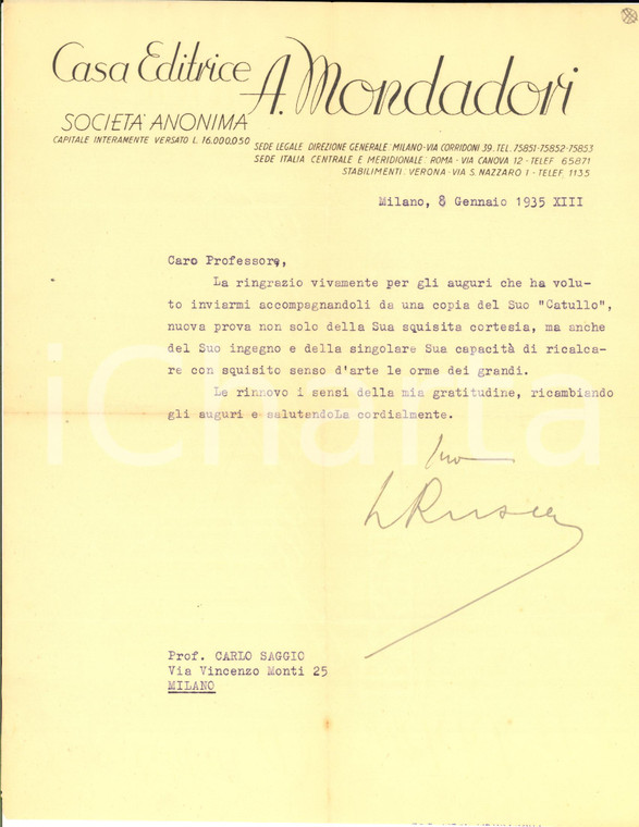 1935 MILANO MONDADORI Lettera Luigi RUSCA per ringraziamento - AUTOGRAFO