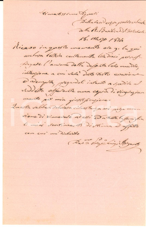 1874 PAVIA San Michele - Lettera proposto Luigi ARGENTI per offerta ricevuta