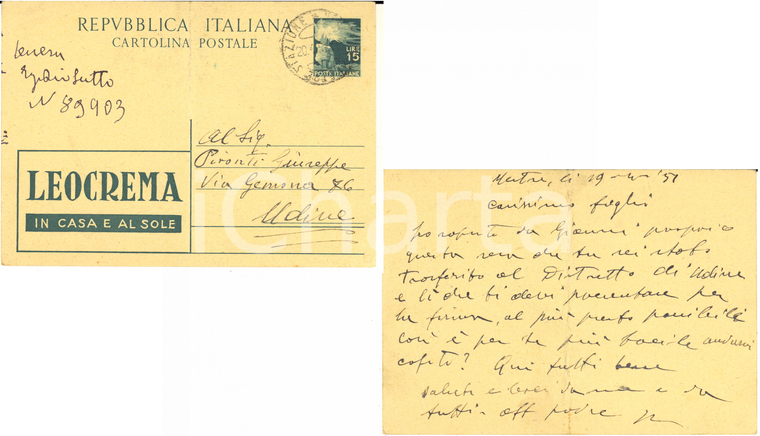 1951 MESTRE Cartolina Vittorino PIRONTI al figlio Giuseppe trasferito *AUTOGRAFO