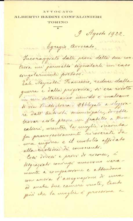 1922 TORINO Lettera Alberto BADINI CONFALONIERI per opera benefica - *AUTOGRAFO