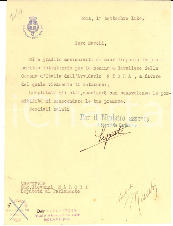 1924 ROMA MINISTRO DELL'INTERNO Nomina Carlo FIORA - Autografo Giovanni MARCHI