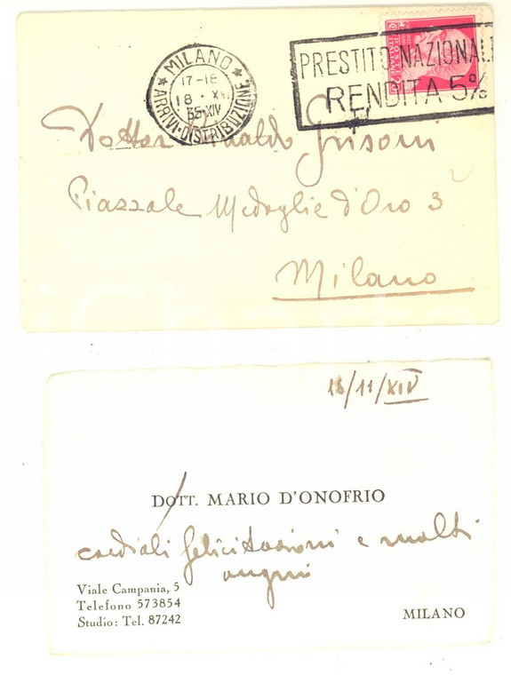 1935 MILANO Biglietto da visita dott. Mario D'ONOFRIO - Autografo