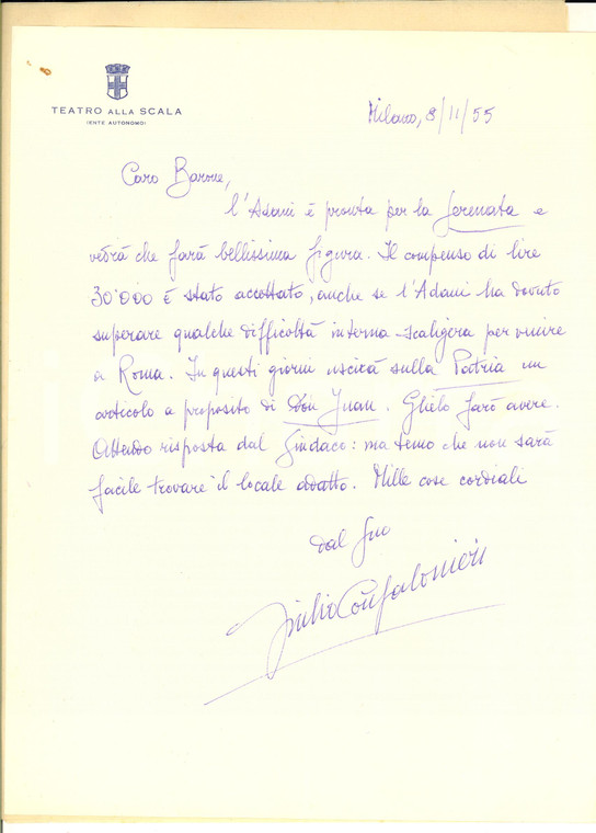 1955 MILANO TEATRO ALLA SCALA Lettera Giulio CONFALONIERI per concerto AUTOGRAFO