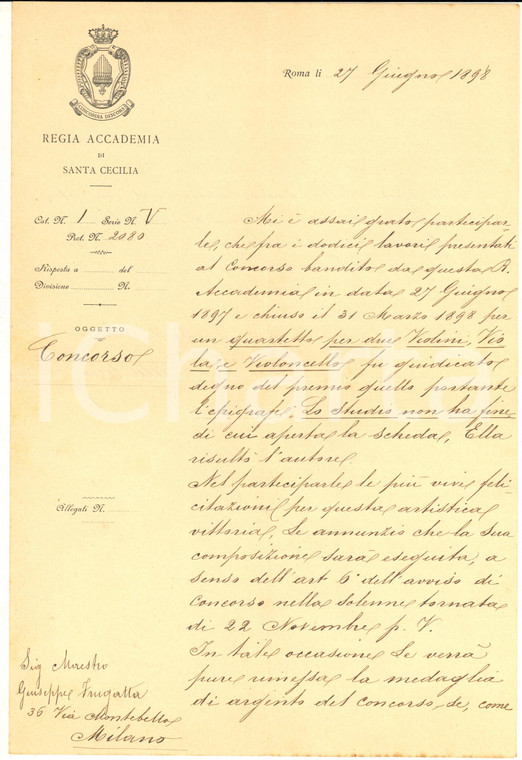 1898 ROMA Accademia SANTA CECILIA - Premio composizione a Giuseppe FRUGATTA