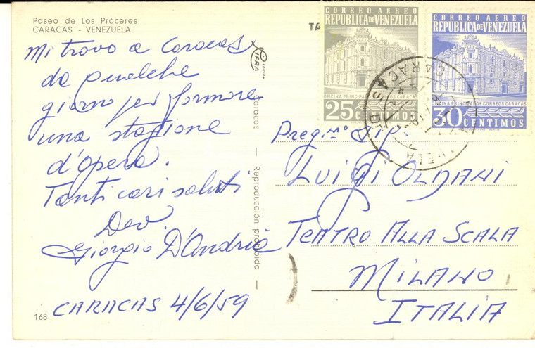 1959 CARACAS Giorgio D'ANDRIA per nuova stagione opera - Cartolina AUTOGRAFO FP