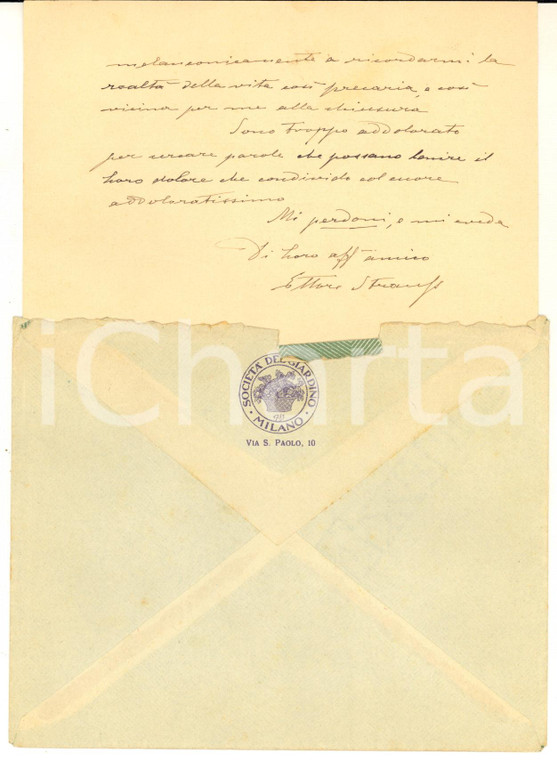 1932 MILANO Società del Giardino - Biglietto Ettore STRAUSS per lutto *AUTOGRAFO