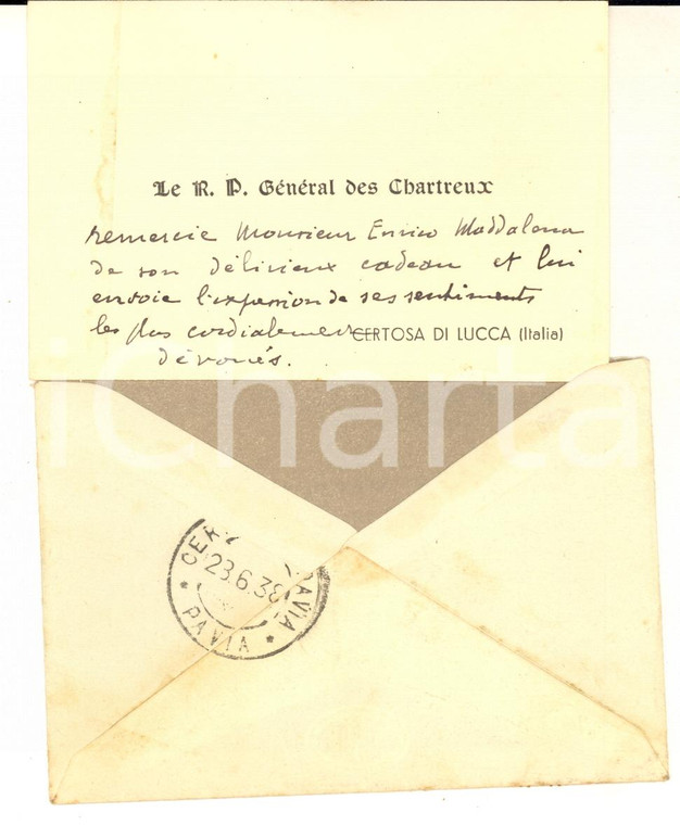 1938 CERTOSA DI LUCCA Biglietto R. P. Général des Chartreux - Autografo