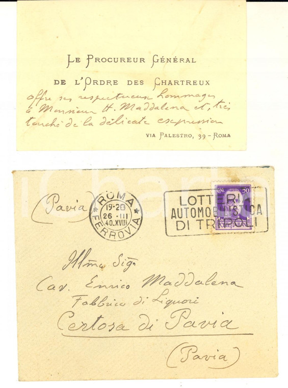 1940 ROMA Biglietto Procureur Général de l'Ordre des Chartreux - Autografo