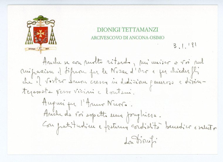 1991 ANCONA-OSIMO Arcivescovo Dionigi TETTAMANZI - Biglietto auguri AUTOGRAFO