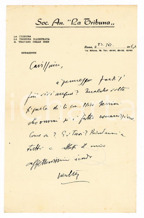 1947 ROMA Soc. An. LA TRIBUNA - Lettera Walter VACCARI per auguri - AUTOGRAFO