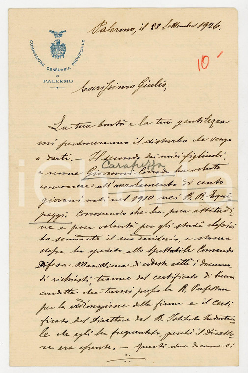 1926 PALERMO Lettera Ennio CARAPEZZA TEDALDI per il figlio arruolato - AUTOGRAFO