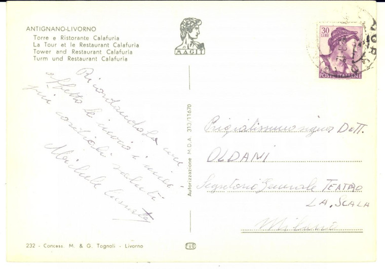 1963 ANTIGNANO Cartolina baritono Michele CAZZATO a Luigi Oldani - AUTOGRAFO