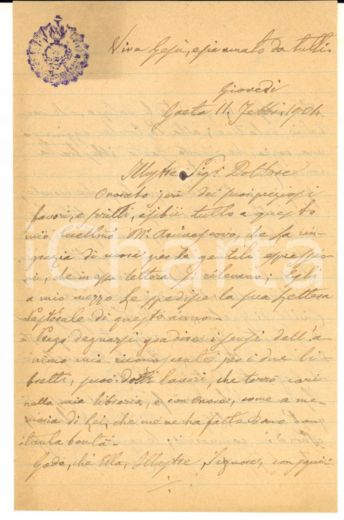 1904 GAETA Lettera arcidiacono Giuseppe Maria DE VIO per libretti - Autografo