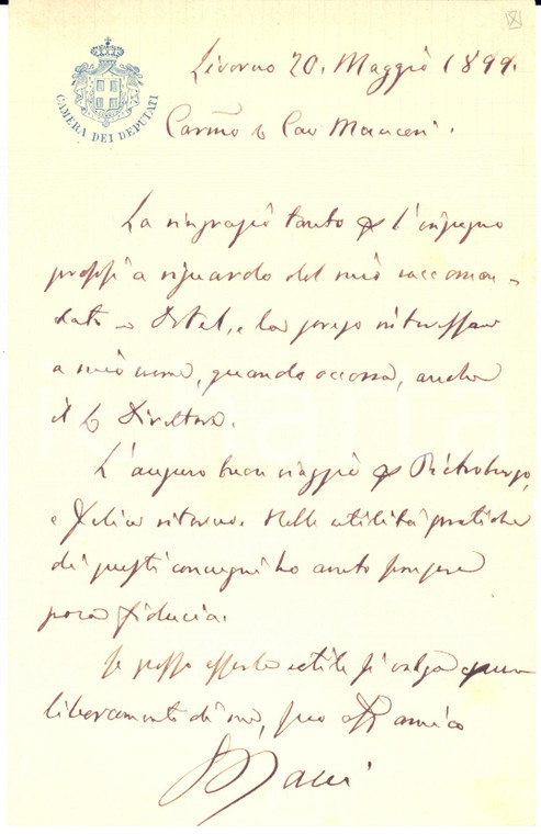 1899 LIVORNO On. Gaetano BACCI - Lettera di ringraziamento  - AUTOGRAFO