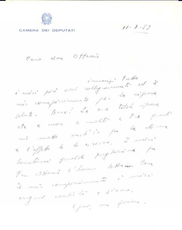 1959 ROMA CAMERA DEPUTATI Lettera on. Amos ZANIBELLI a un sacerdote - AUTOGRAFO