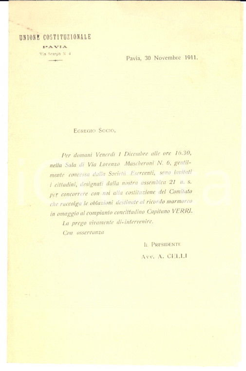 1911 PAVIA Unione Costituzionale - Lettera per comitato Capitano VERRI