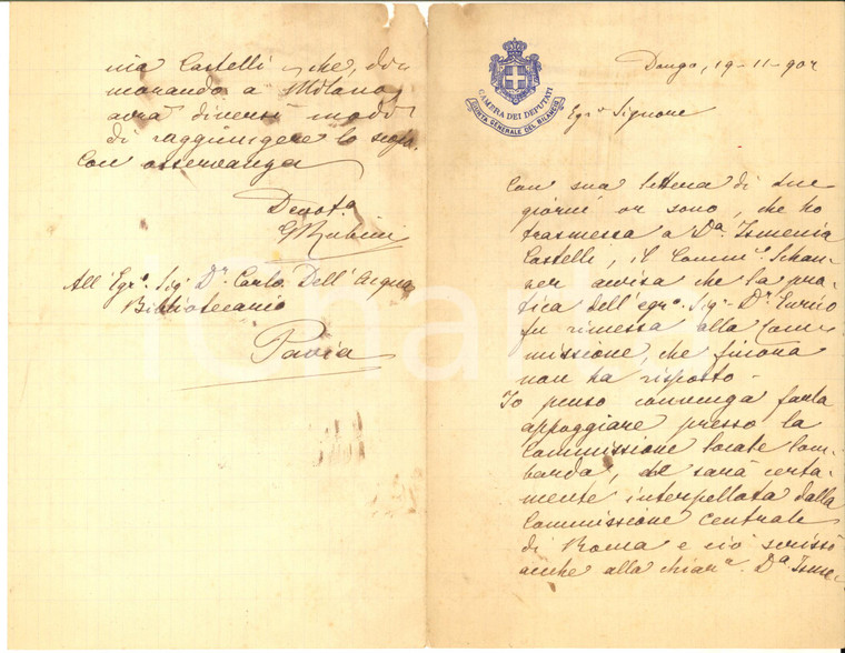 1904 DONGO Lettera on. Giulio RUBINI per sostegno a una pratica - AUTOGRAFO