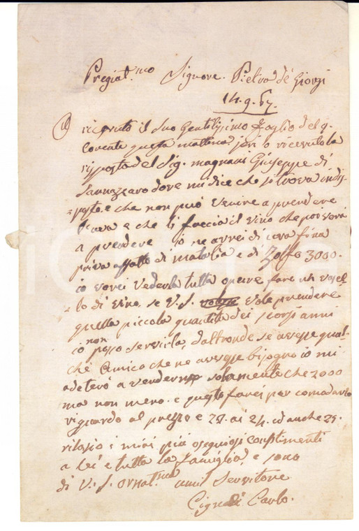 1867 PIETRA DE' GIORGI (PV) Lettera Carlo CIGNOLI per una fornitura di vino