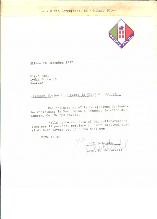 1972 MILANO GRUPPO SAVOIA Lettera Franco MATTAVELLI per Lydia BOTTALLO Autografo