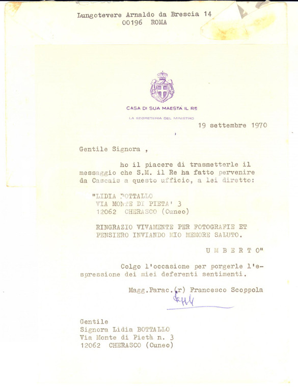 1970 ROMA Casa di Sua Maestà il Re - Lettera col. Francesco SCOPPOLA *Autografo