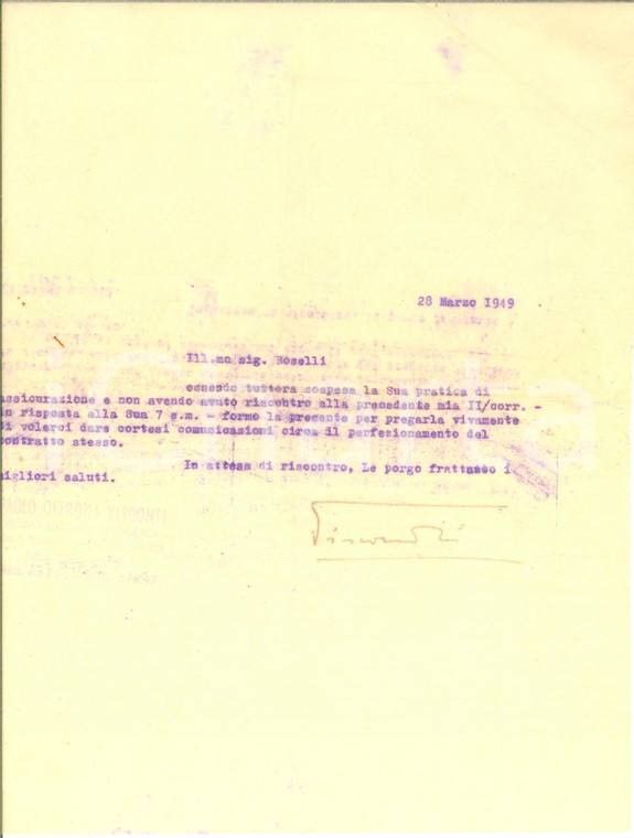 1949 MILANO Lettera Paolo Oltrona VISCONTI per pratica assicurazione - AUTOGRAFO