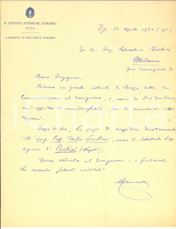 1932 PISA R. Istituto Agrario - Gabinetto di Meccanica - Lettera A. MARCHETTI