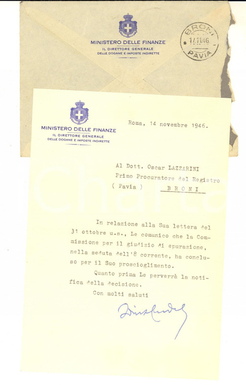 1946 ROMA Lettera comm. CRUDELE Direttore Generale delle Dogane - Autografo