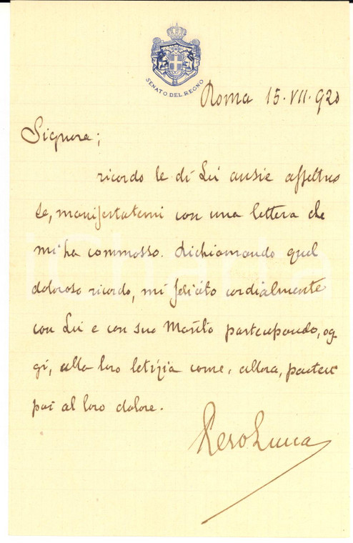 1920 ROMA Lettera senatore Piero LUCCA per congratulazioni - Autografo