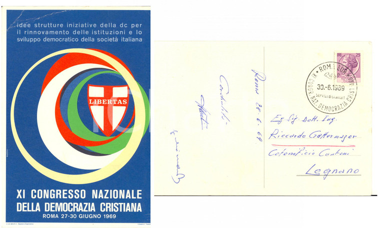 1969 ROMA XI Congresso DC Cartolina Giulio ANDREOTTI Remo ALBERTINI - AUTOGRAFI