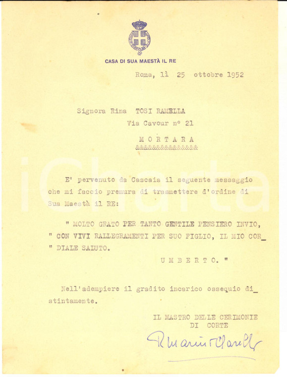 1952 ROMA Marchese Rutilio MARINI CLARELLI ringrazia a nome di UMBERTO II