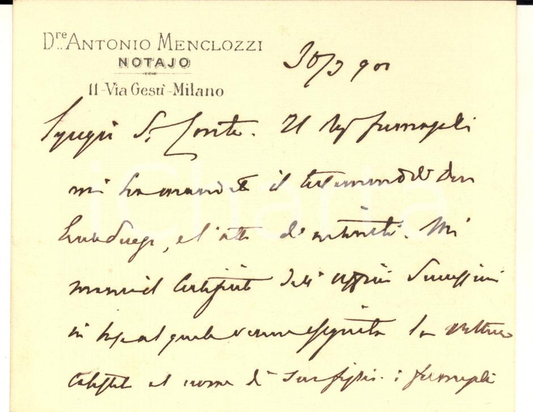 1901 MILANO Biglietto notaio Antonio MENCLOZZI per documenti - AUTOGRAFO