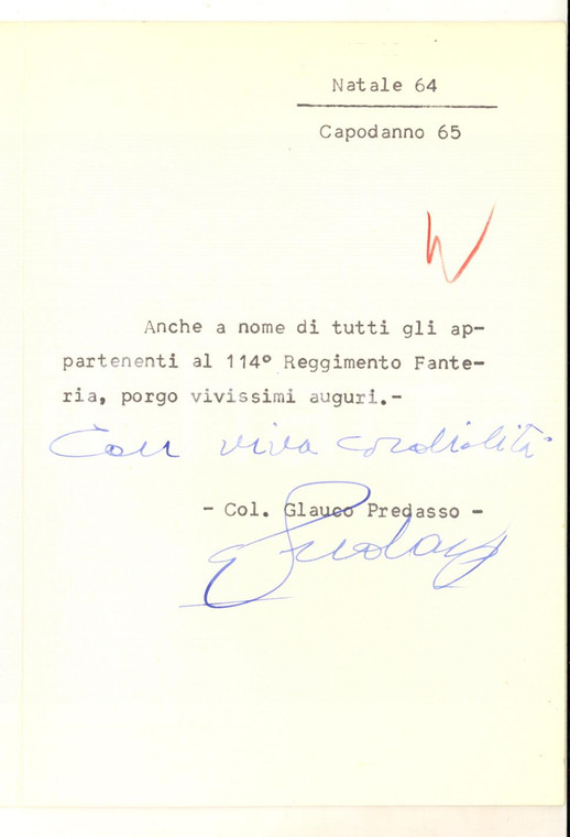 1964 114° Reggimento Fanteria MANTOVA Biglietto col. Glauco PREDASSI Autografo