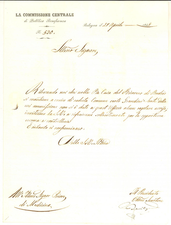 1848 BOLOGNA Lettera marchese Carlo BEVILACQUA - Pubblica Beneficenza - AUTOGRAFO