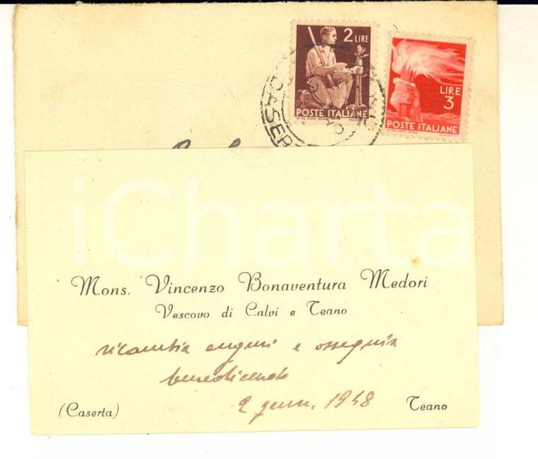 1948 TEANO Biglietto mons. Vincenzo Bonaventura MEDORI vescovo - Autografo