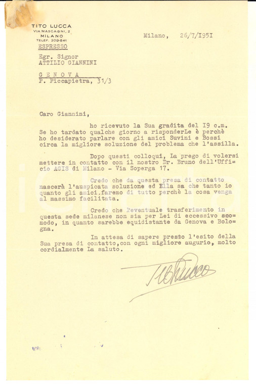 1951 MILANO Lettera Tito LUCCA gestore AGIS  per trasferimento - AUTOGRAFO