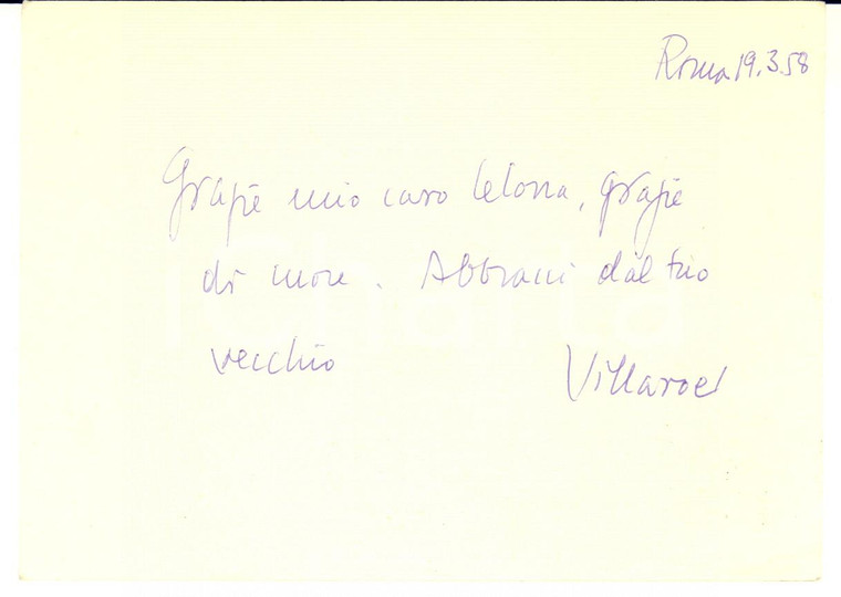 1958 ROMA Biglietto Giuseppe VILLAROEL ad Antonio CELONA - AUTOGRAFO FG VG