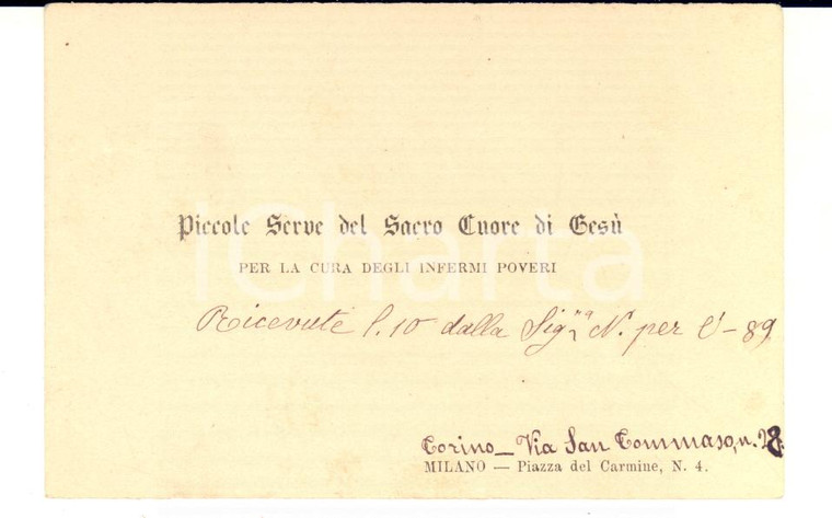 1889 TORINO Piccole Serve del Sacro Cuore di Gesù - Biglietto da visita