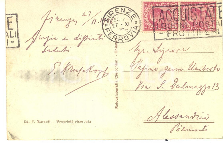 1926 FIRENZE Cartolina S. KRUSEKOPF a Umberto Papino - AUTOGRAFO FP VG