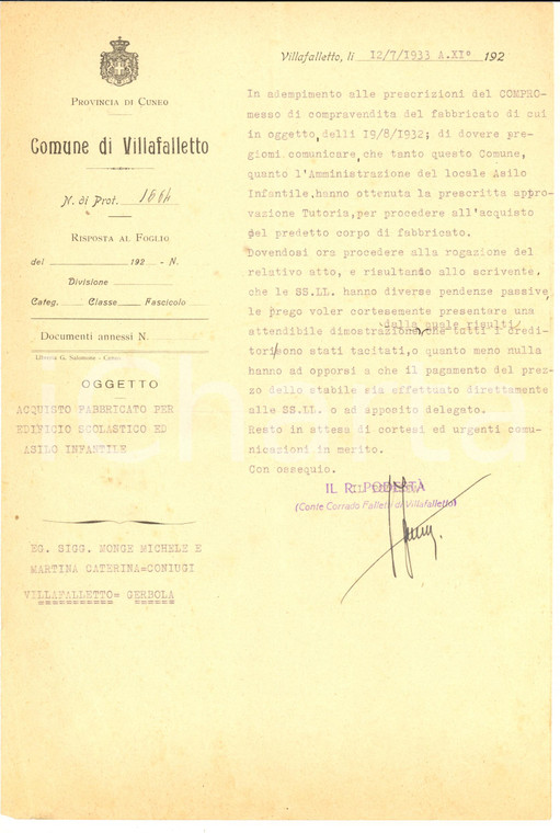 1933 VILLAFALLETTO Lettera podestà Corrado FALLETTI per acquisto asilo AUTOGRAFO