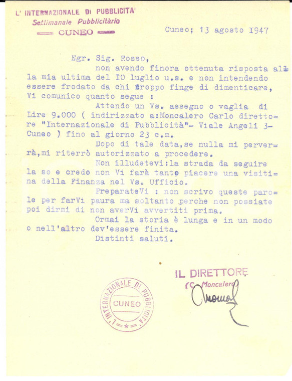 1947 CUNEO Lettera Carlo MONCALERO - L'Internazionale di Pubblicità - AUTOGRAFO