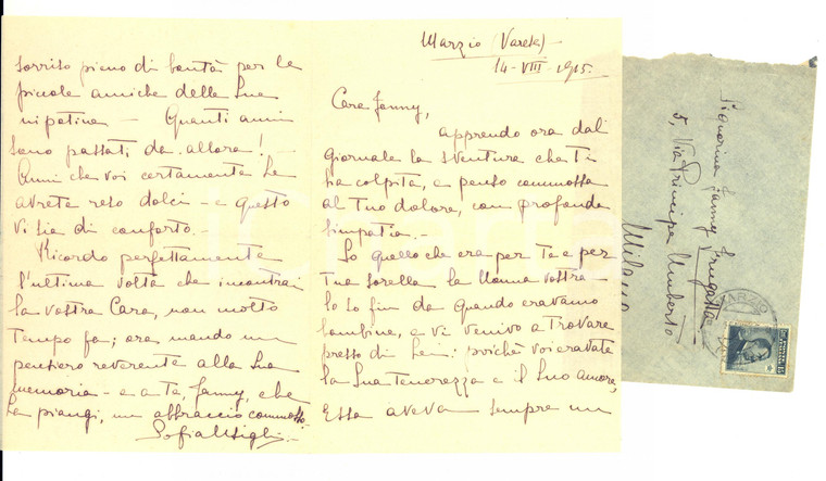 1915 MARZIO (VA) Lettera Sofia USIGLI a Fanny FRUGATTA per condoglianze