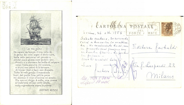 1954 TORINO Cartolina scrittore Gustavo REISOLI "La mia galea" - AUTOGRAFO FG VG
