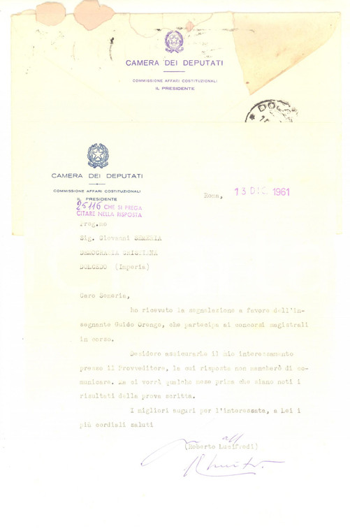 1961 ROMA Lettera on. Roberto LUCIFREDI a Giovanni SEMERIA - Autografo