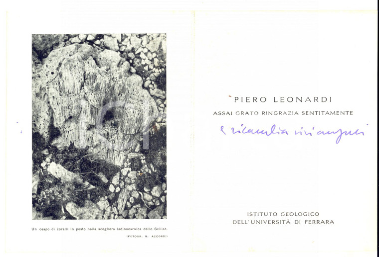 1970 ca Università di FERRARA - Biglietto prof. Pietro LEONARDI - AUTOGRAFO