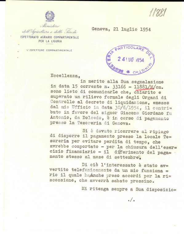 1954 GENOVA Lettera D. MASELLI - Ispettorato Agrario Compartimentale - AUTOGRAFO