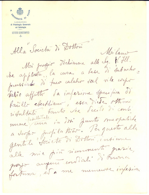 1920 ca PAVIA Lettera Ernesto BRUGNATELLI - Istituto Sieroterapico *AUTOGRAFO