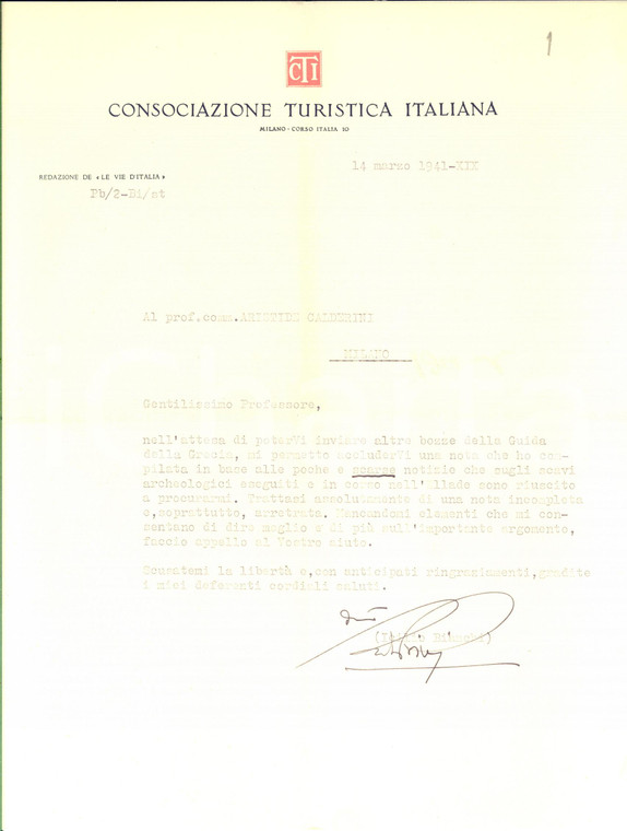 1941 CTI MILANO Lettera Icilio BIANCHI - Redazione "Le Vie d'Italia" - AUTOGRAFO