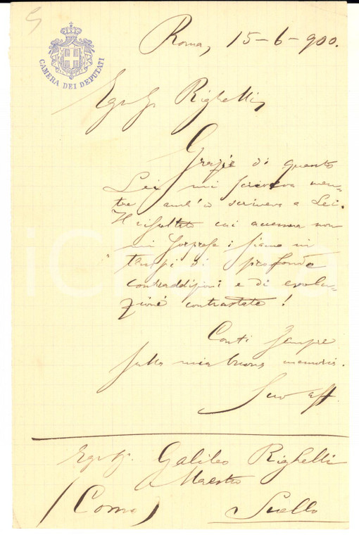 1900 ROMA Camera dei Deputati - Lettera al maestro Galileo Righelli